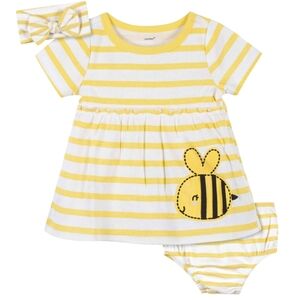 3-Piece Baby & Toddler Girls Bee Garden Dress, Diaper Cover & Headband Set 12 Mo